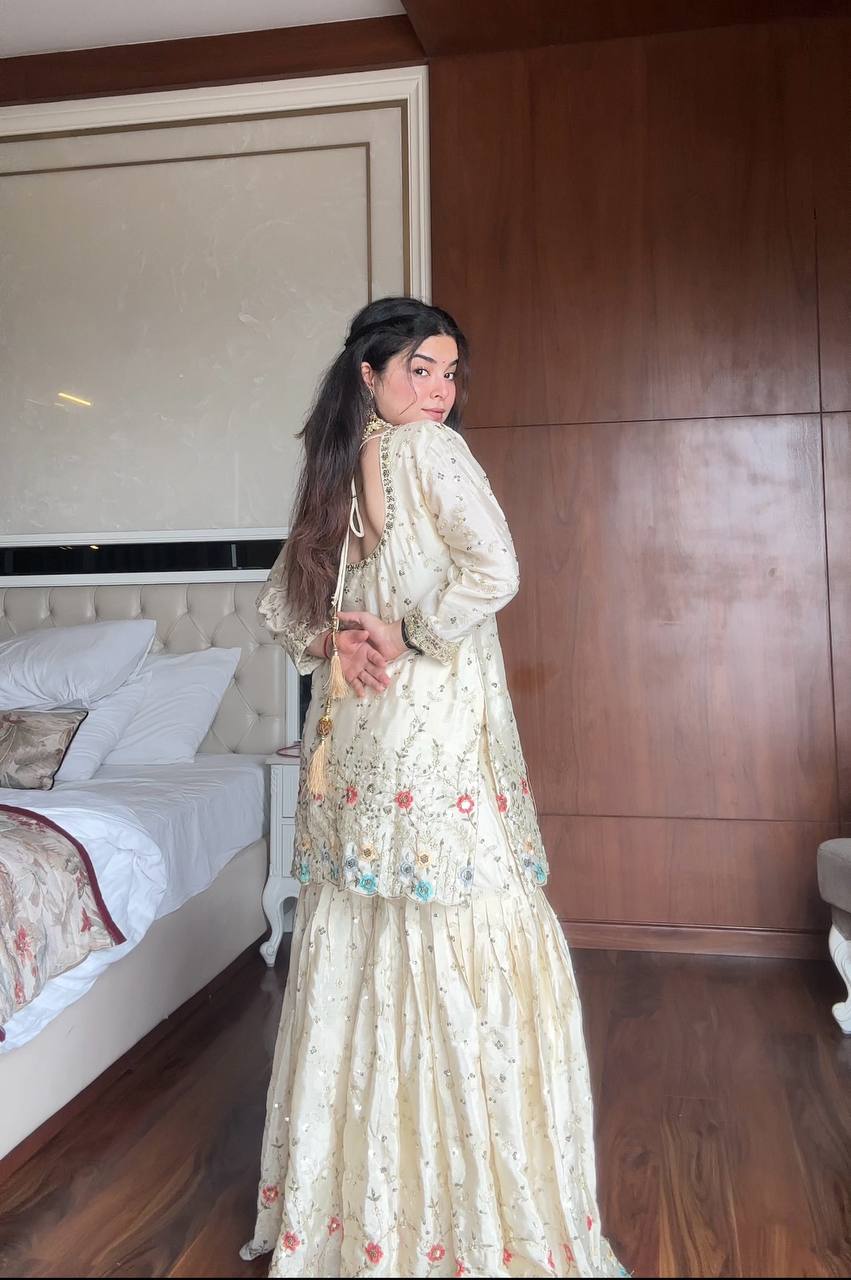 Prazu Fashion Off White Chinon Silk Embroidered Sharara Suit | Grocsy