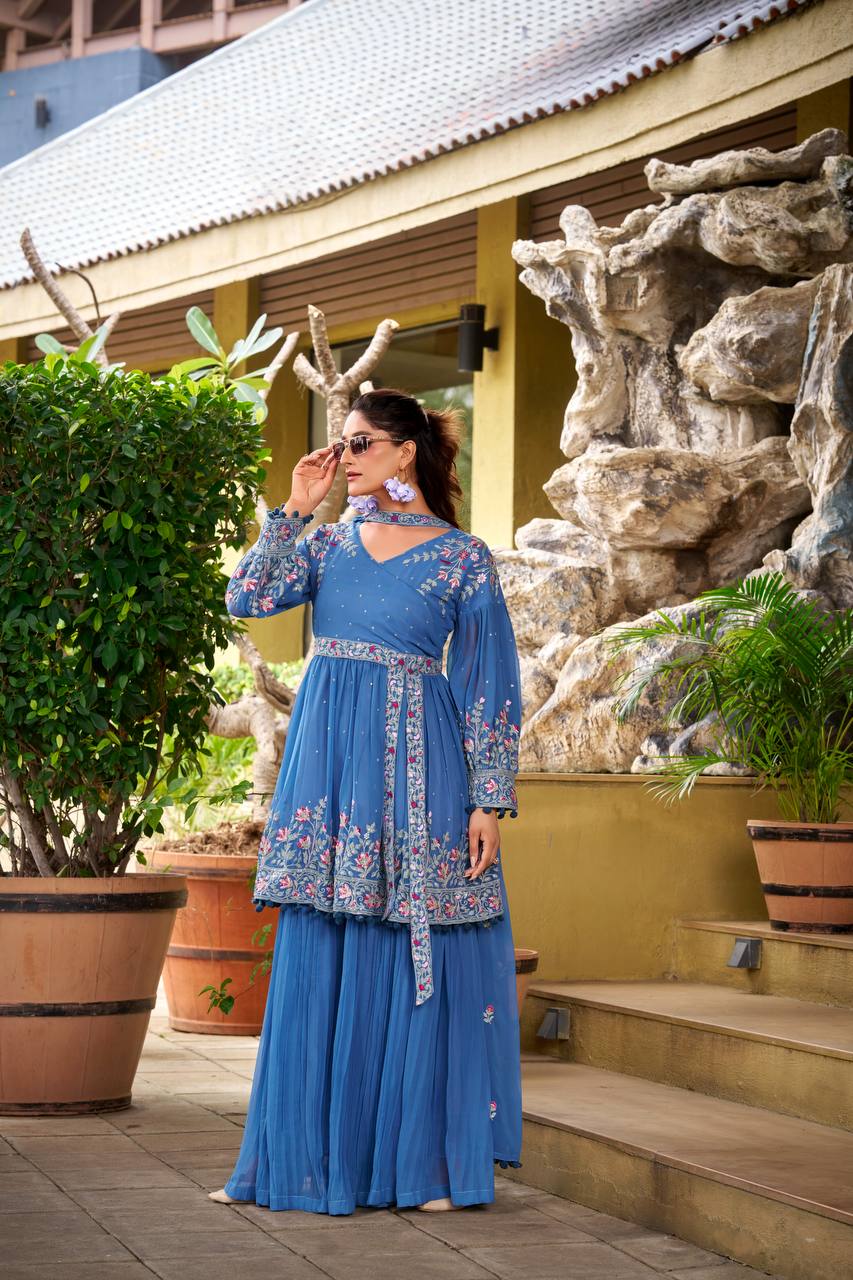 Prazu Fashion Dark Lavender Chinon Silk Embroidered Sharara Suit | Grocsy