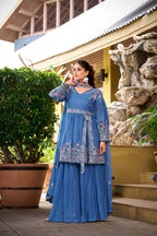 Prazu Fashion Dark Sky Blue Georgette Embroidered Designer Palazzo Suit | Grocsy