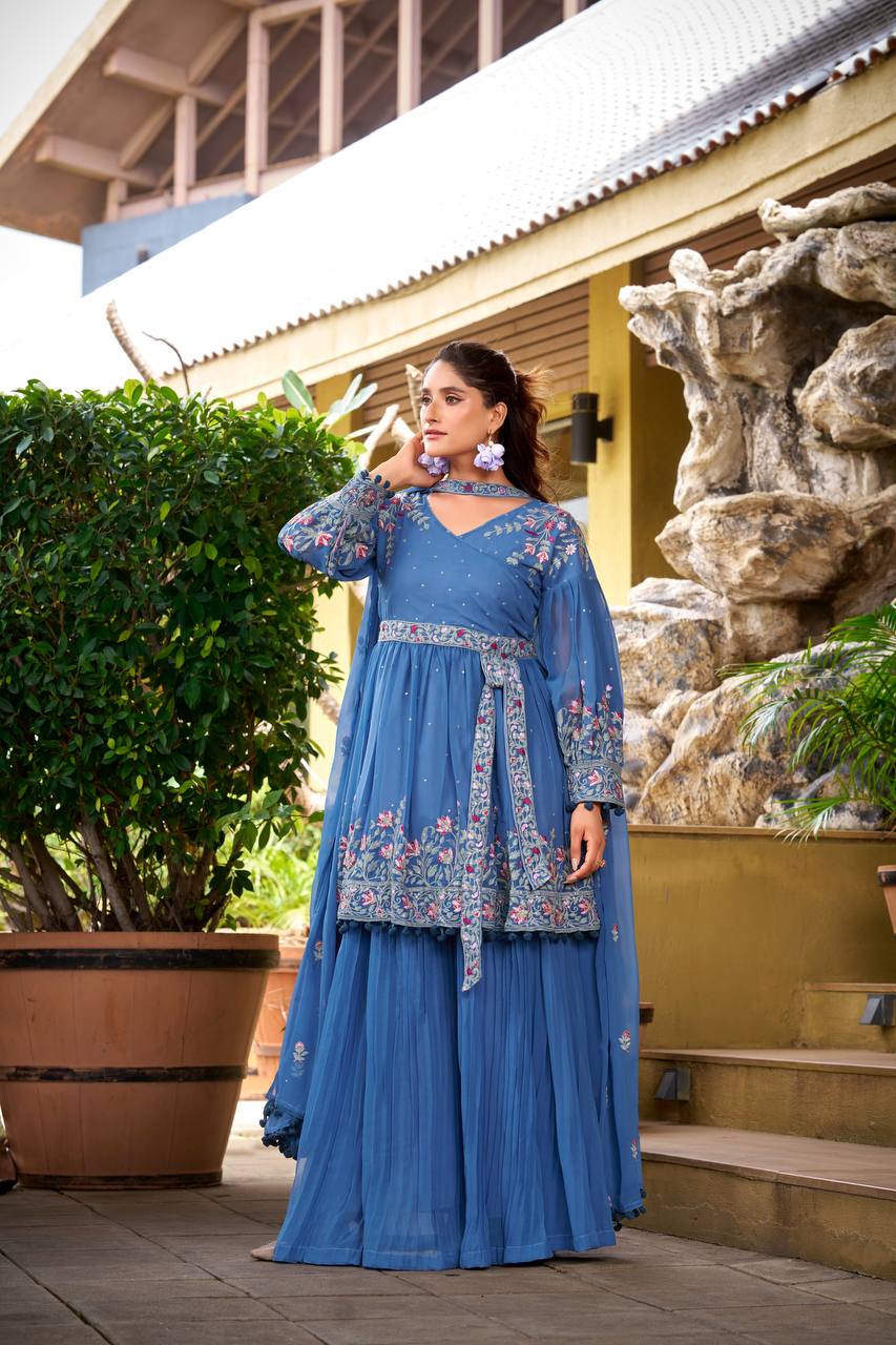 Prazu Fashion Dark Sky Blue Georgette Embroidered Designer Palazzo Suit | Grocsy