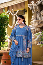 Prazu Fashion Dark Sky Blue Georgette Embroidered Designer Palazzo Suit | Grocsy