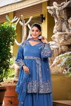 Prazu Fashion Dark Sky Blue Georgette Embroidered Designer Palazzo Suit | Grocsy