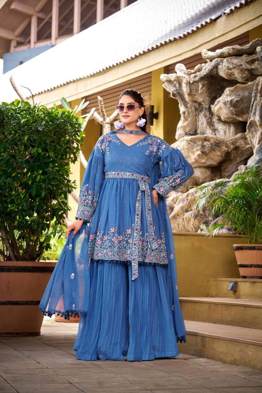 Prazu Fashion Dark Sky Blue Georgette Embroidered Designer Palazzo Suit | Grocsy