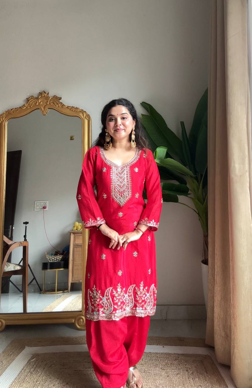 Prazu Fashion Red Chinon Silk Sequin Embroidered Salwar Suit | Grocsy