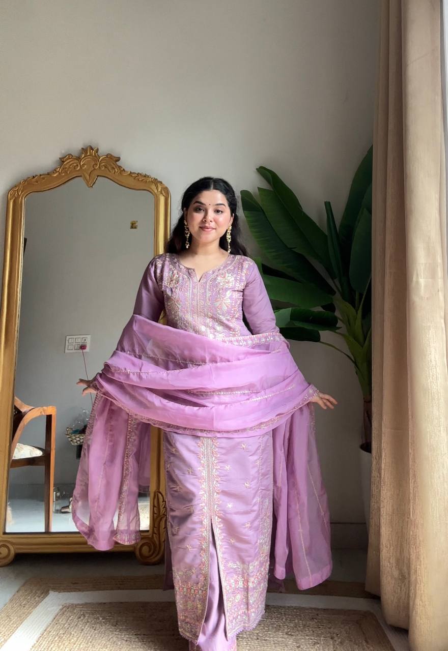 Prazu Fashion Lavender Roman Silk Sequin Embroidered Palazzo Suit | Grocsy