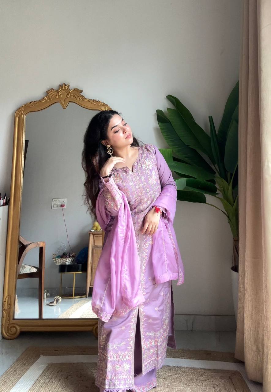 Prazu Fashion Lavender Roman Silk Sequin Embroidered Palazzo Suit | Grocsy