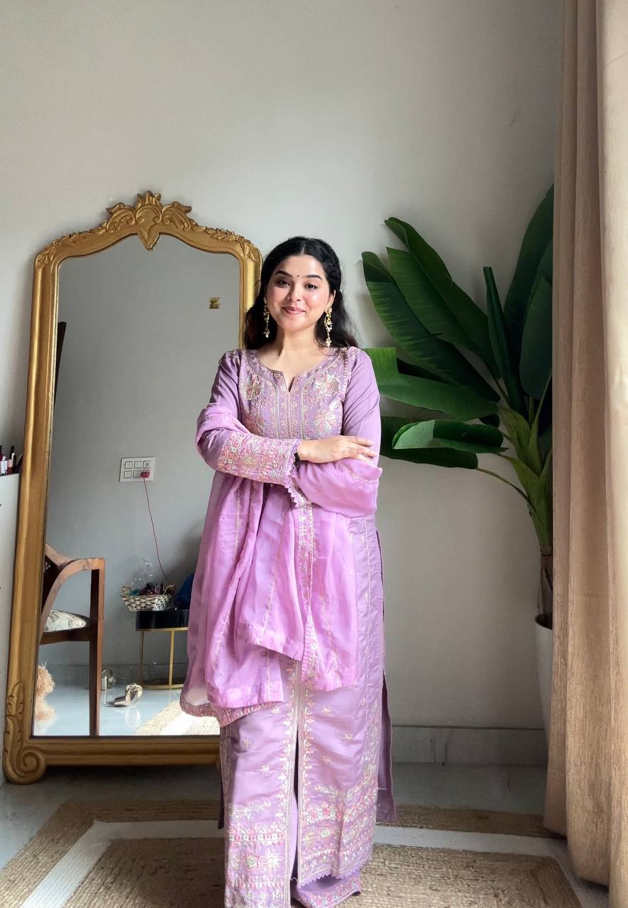 Prazu Fashion Lavender Roman Silk Sequin Embroidered Palazzo Suit | Grocsy