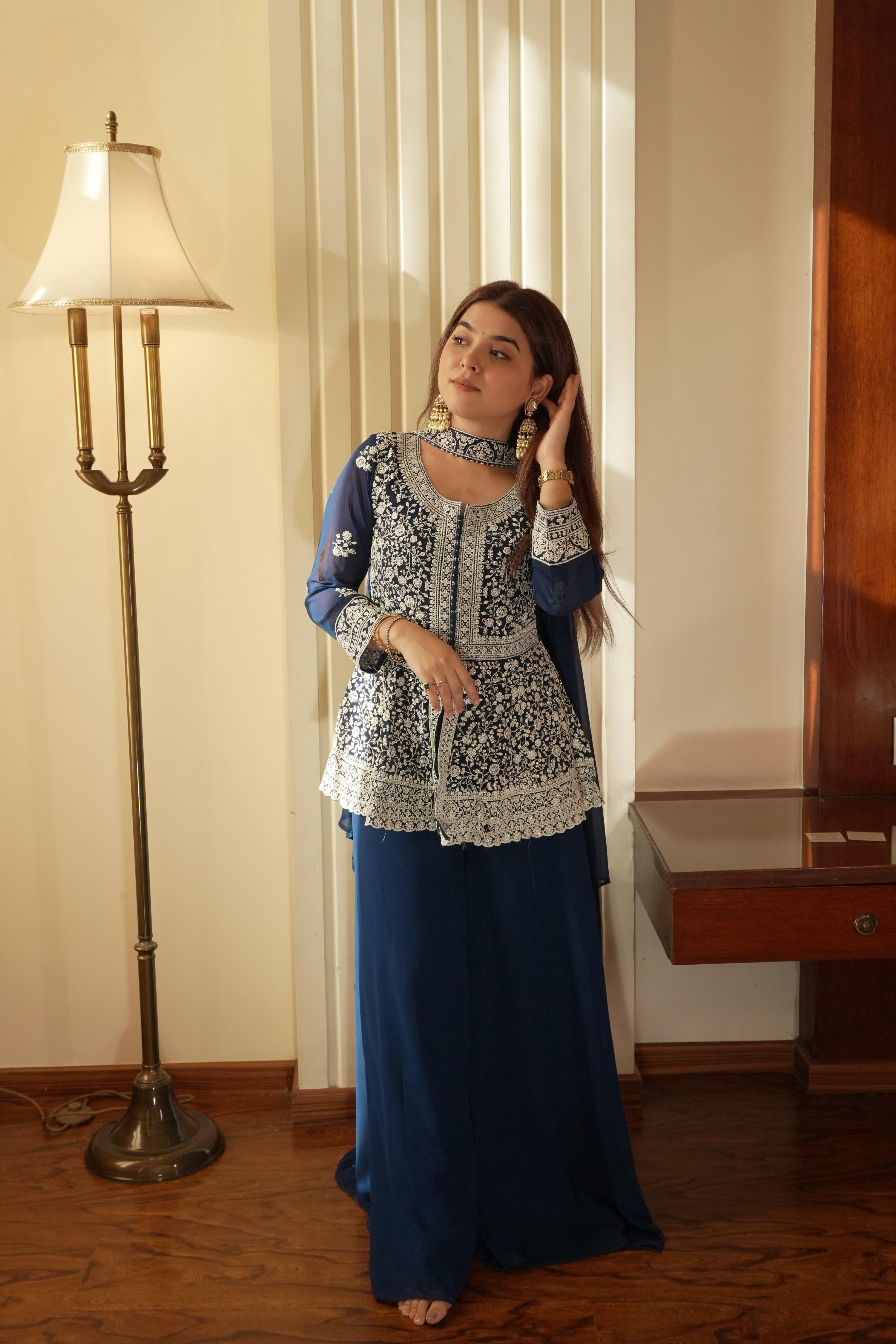 Lehenga Mart Designer Palazzo Suit With Kurta Palazzo Dupatta For Women-Blue | Grocsy