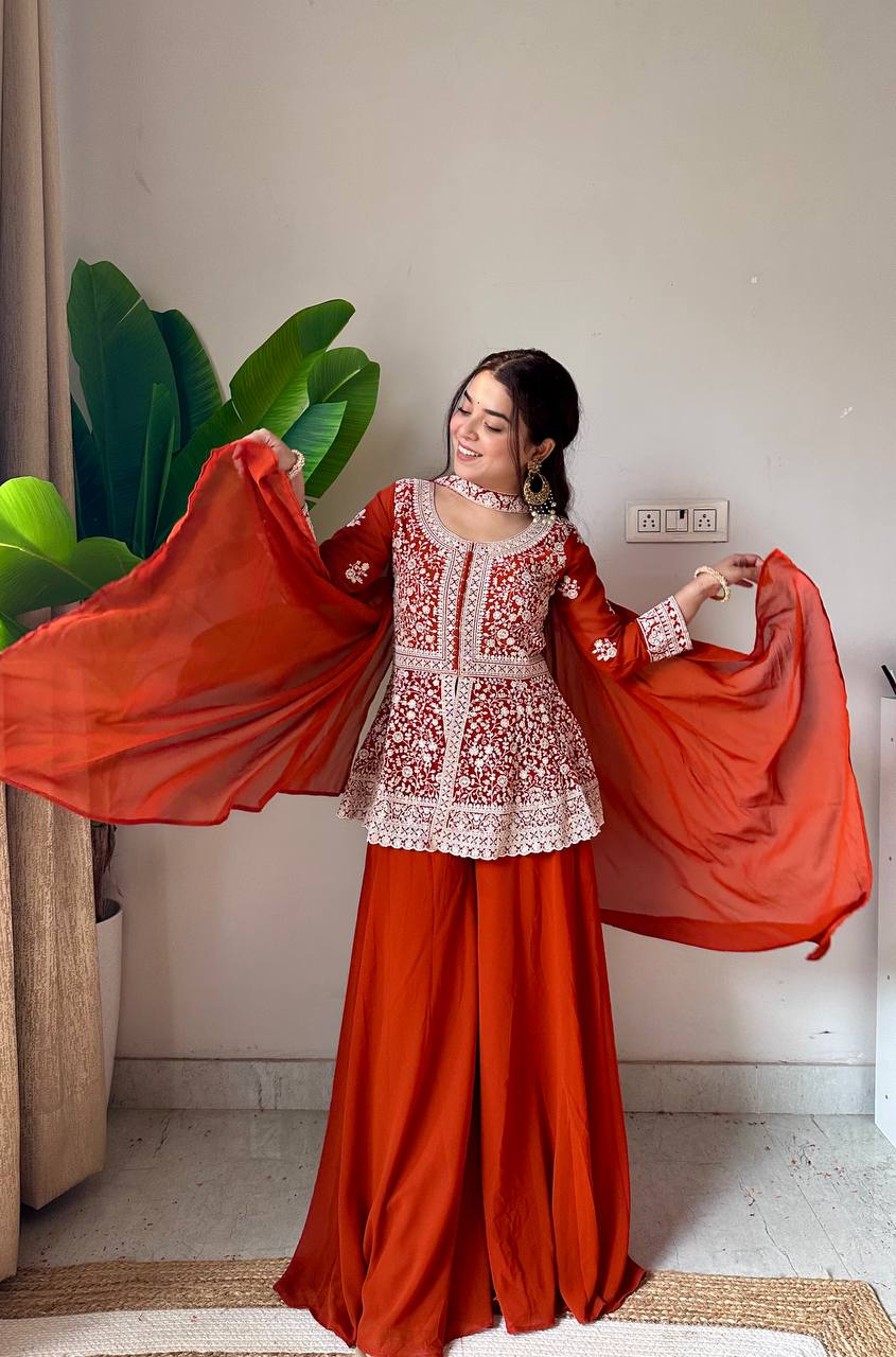 Lehenga Mart Designer Palazzo Suit With Kurta Palazzo Dupatta For Women-Rust | Grocsy