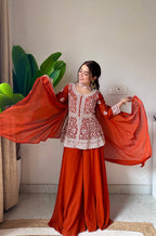 Lehenga Mart Designer Palazzo Suit With Kurta Palazzo Dupatta For Women-Rust | Grocsy