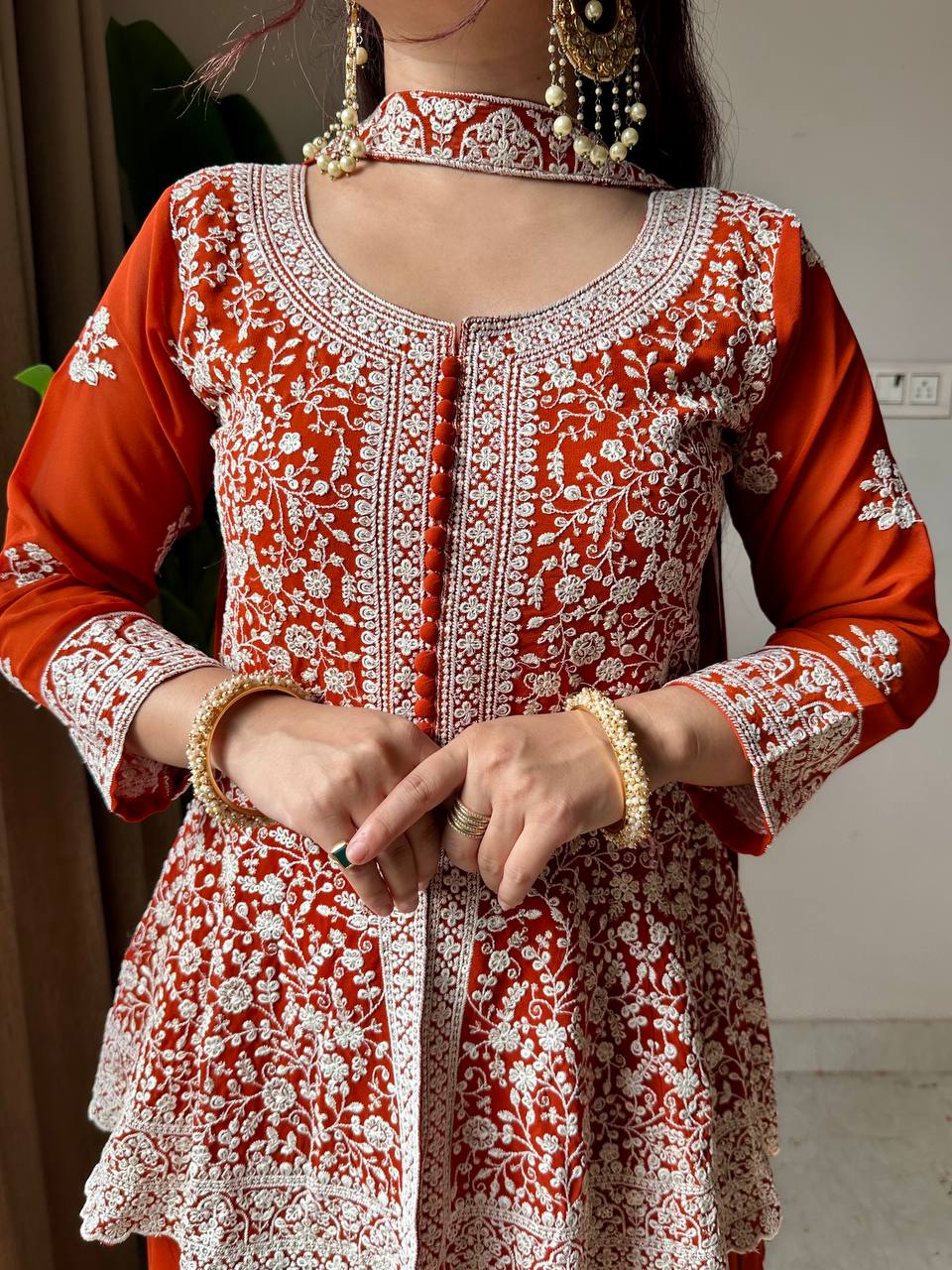 Lehenga Mart Designer Palazzo Suit With Kurta Palazzo Dupatta For Women-Rust | Grocsy