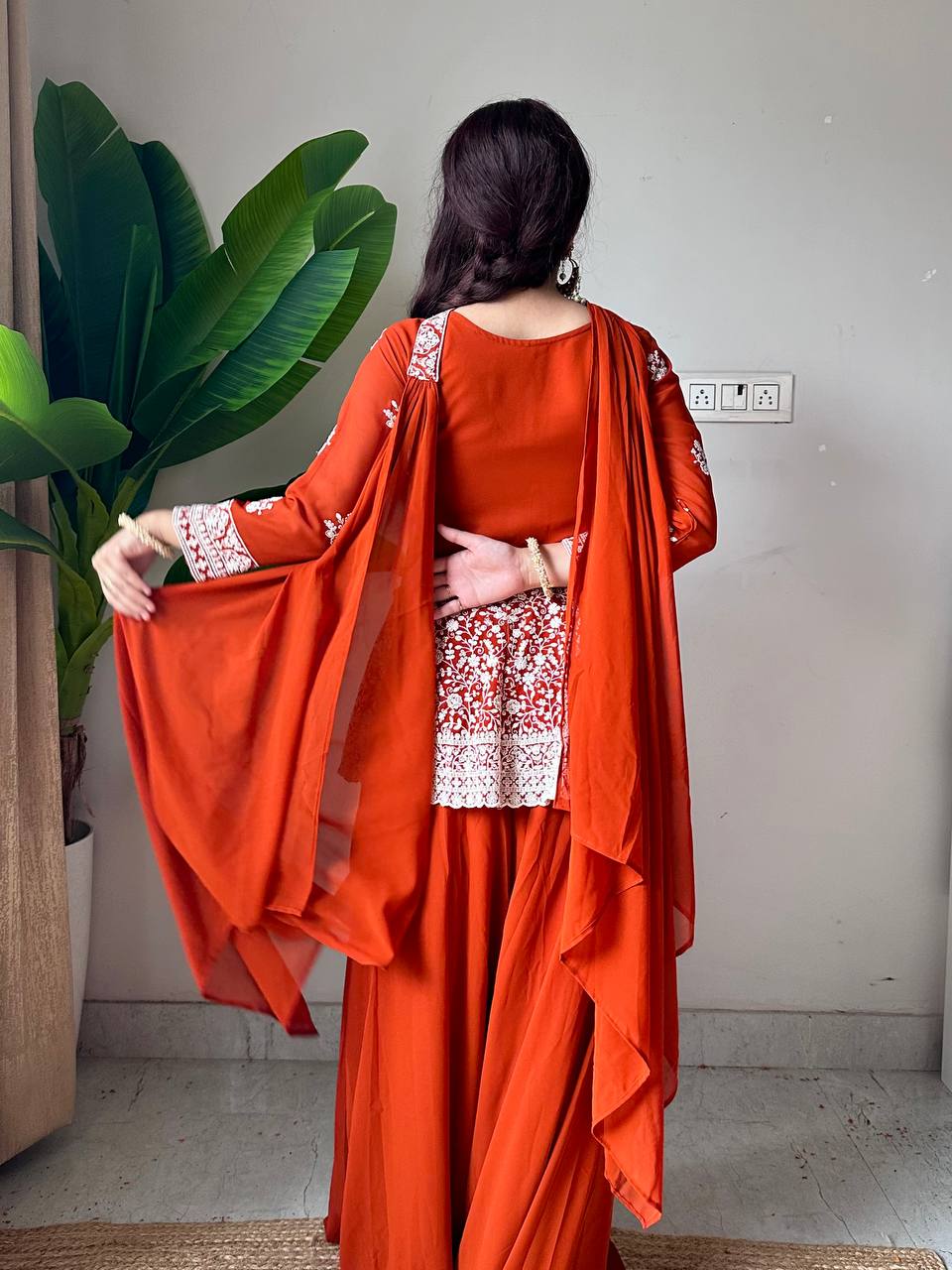 Lehenga Mart Designer Palazzo Suit With Kurta Palazzo Dupatta For Women-Rust | Grocsy