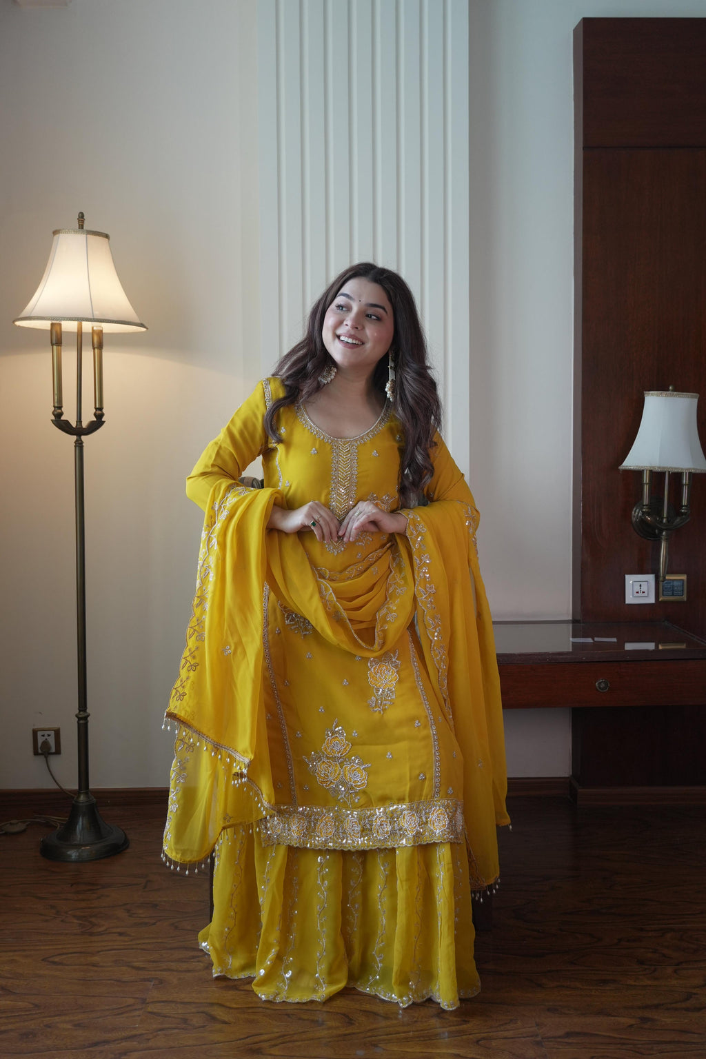 Lehenga Mart Designer Sharara Suit With Kurta Sharara Dupatta For Women-Yellow | Grocsy