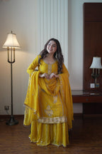 Lehenga Mart Designer Sharara Suit With Kurta Sharara Dupatta For Women-Yellow | Grocsy