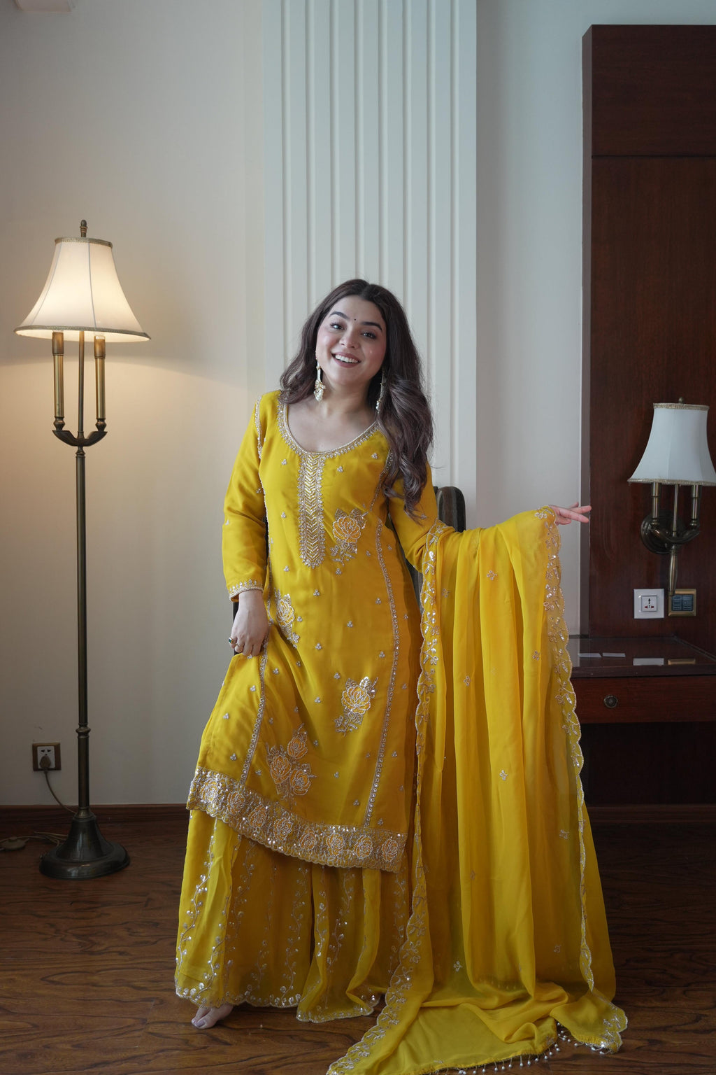 Lehenga Mart Designer Sharara Suit With Kurta Sharara Dupatta For Women-Yellow | Grocsy