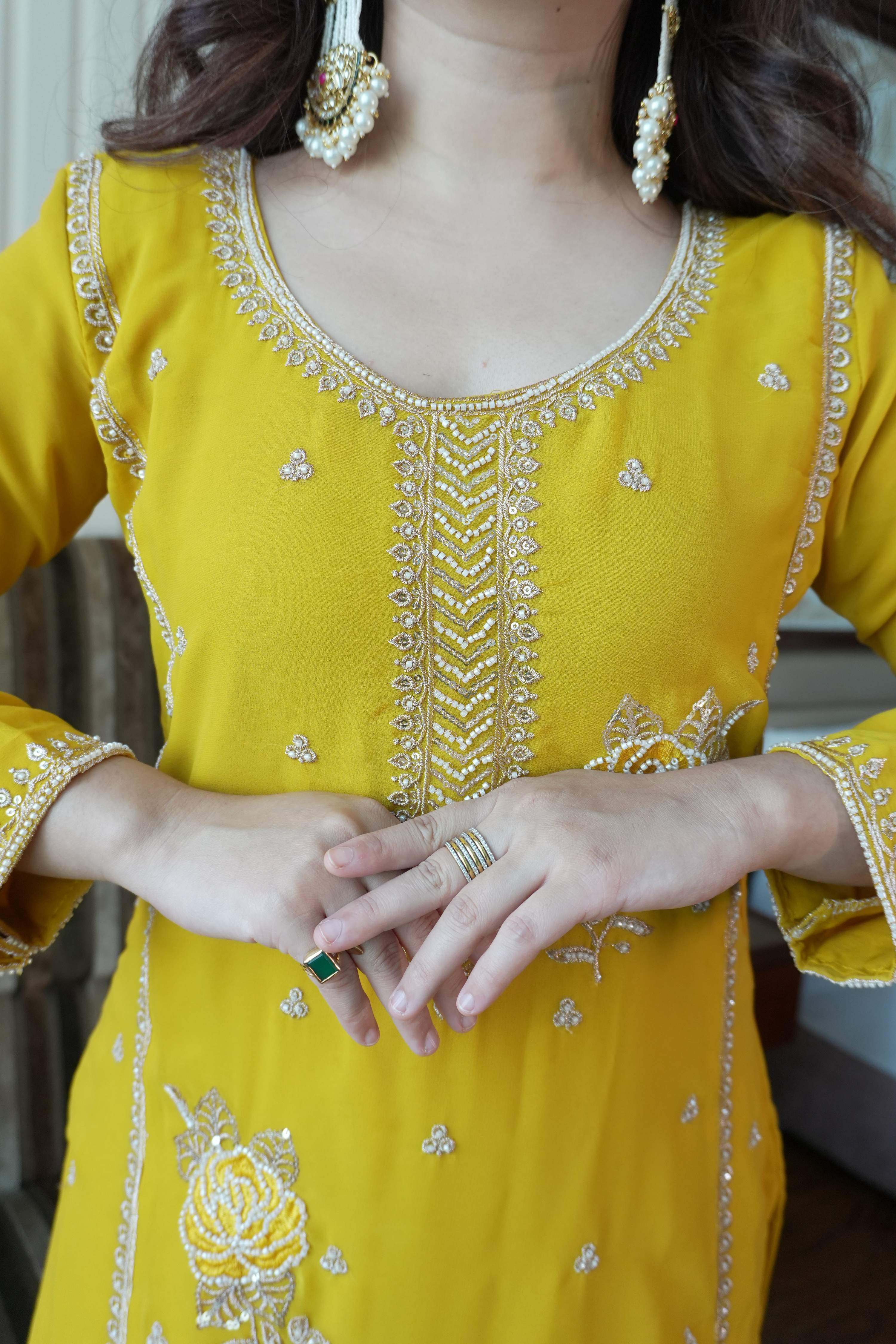 Lehenga Mart Designer Sharara Suit With Kurta Sharara Dupatta For Women-Yellow | Grocsy