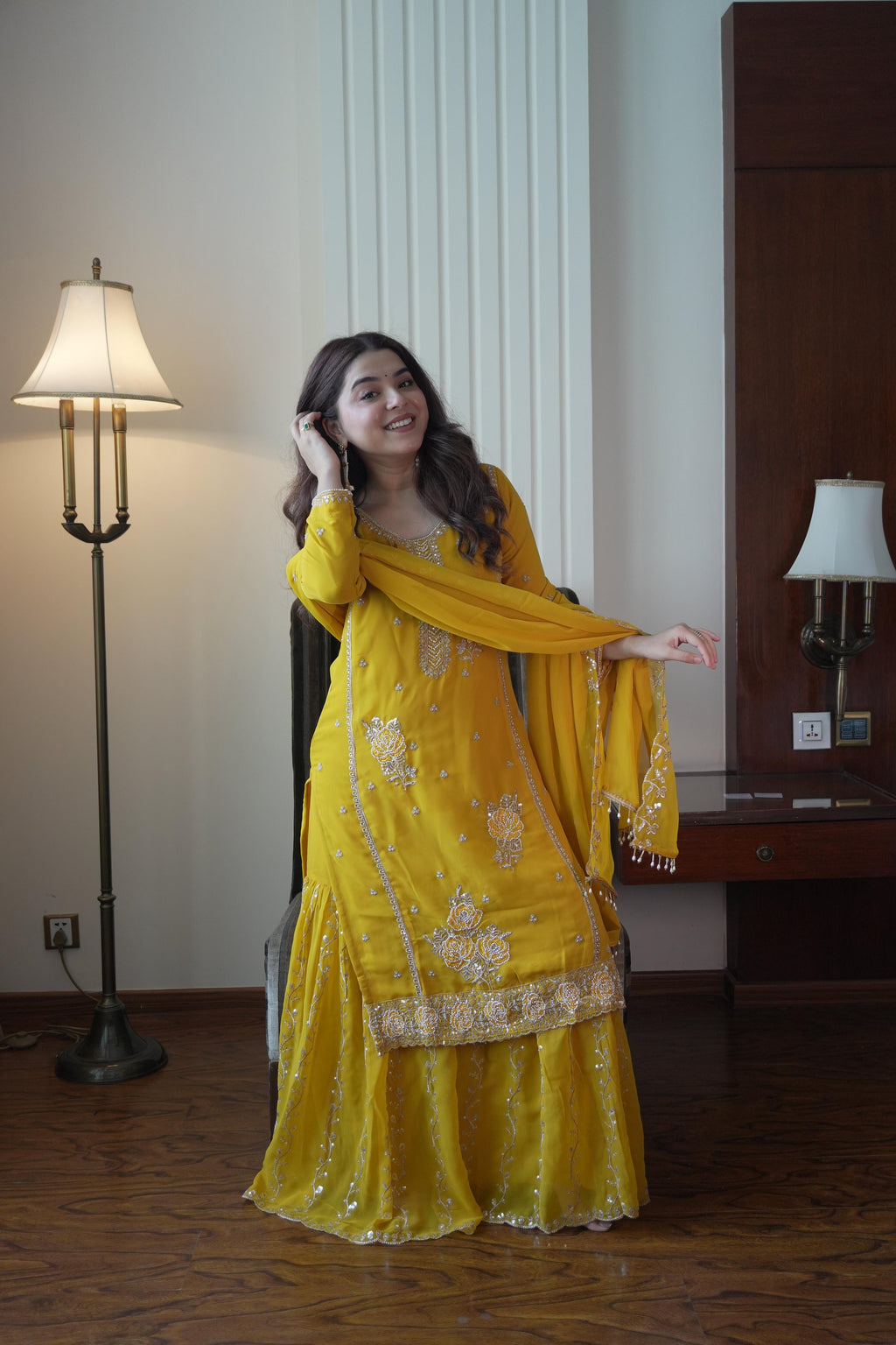 Lehenga Mart Designer Sharara Suit With Kurta Sharara Dupatta For Women-Yellow | Grocsy