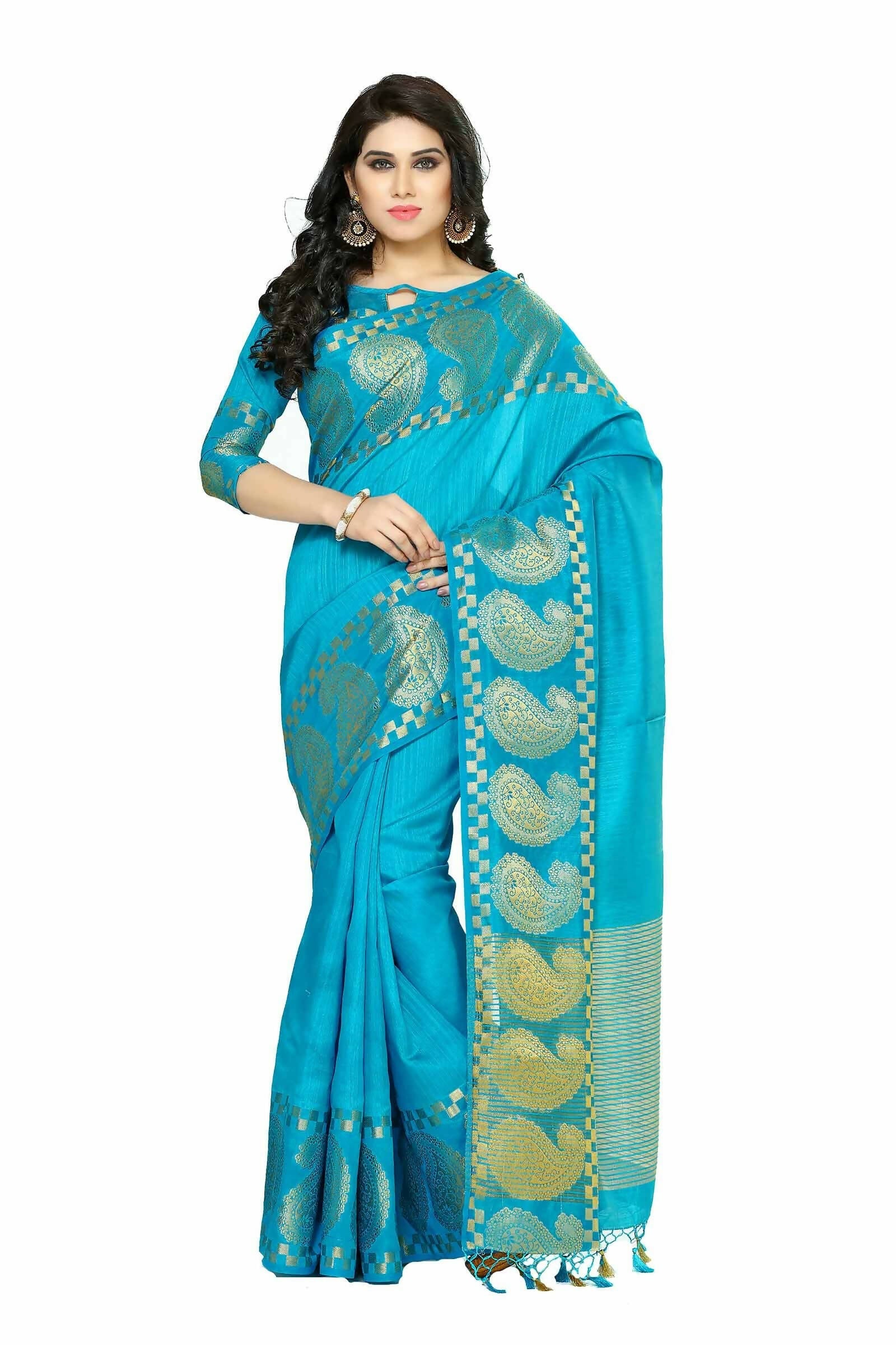 Mimosa Women's Banarasi Tussar Silk Turquoise Blue Saree | Grocsy