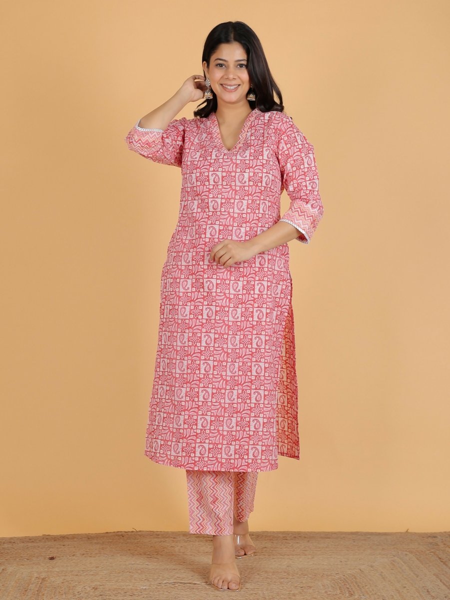 Aramya Straight Soft Cotton Abstract Print Women's Kurta Set - Pink | Grocsy