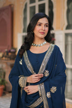 Vastranavya Premium Designer Faux Blooming with Embroidery Zari Sequins work Gown - Teal | Grocsy