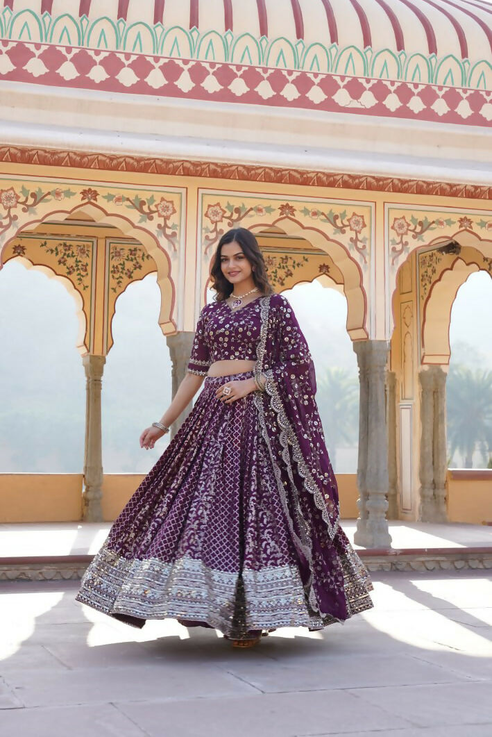 Lorenvalley Purple Pure Viscose Jacquard With Embroidered Sequins work Lehenga Choli | Grocsy