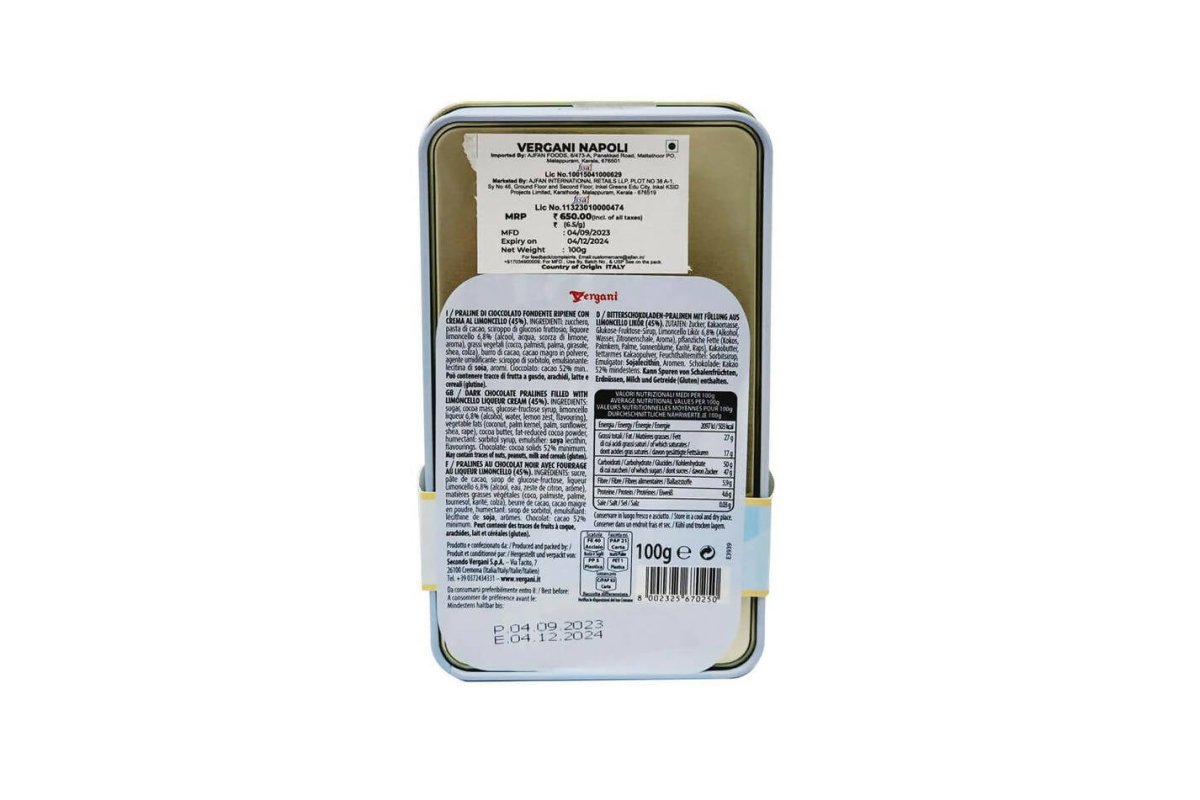 Ajfan Dark Chocolate Limoncello Pralines in Napoli Gift Tin | Grocsy