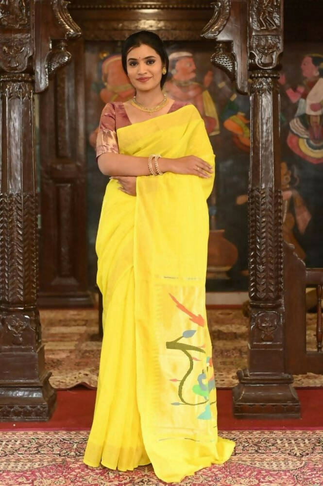 Very Much Indian Handloom Pure Cotton Paithani-Lime Yellow | Grocsy
