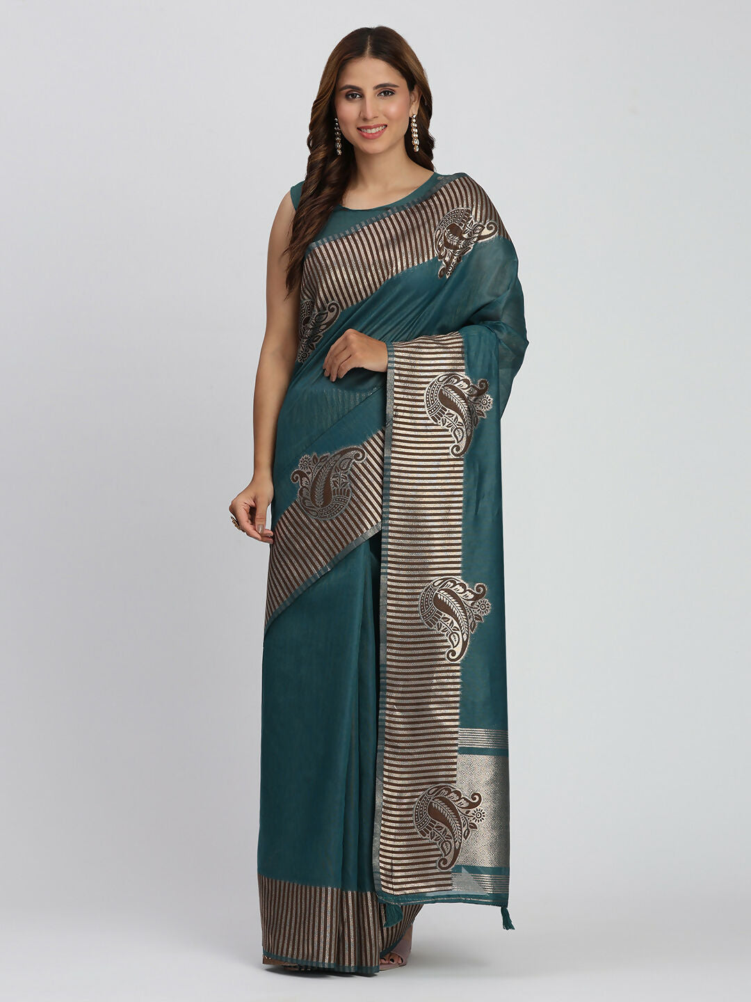 Shree Shyam Fashion Linen Cotton Sea Green Saree | Grocsy