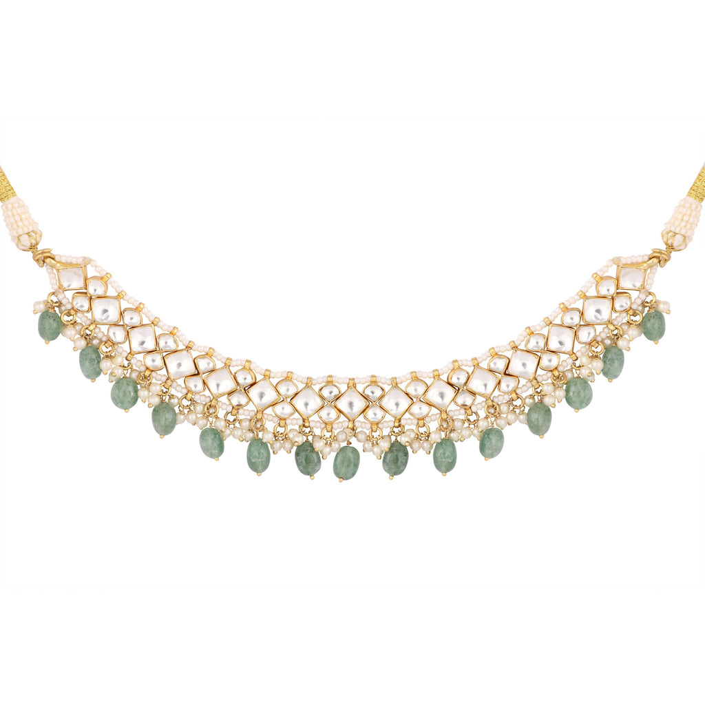 Nuyug 22K Gold Plated Royal Kundan Necklace with Green Stones | Grocsy