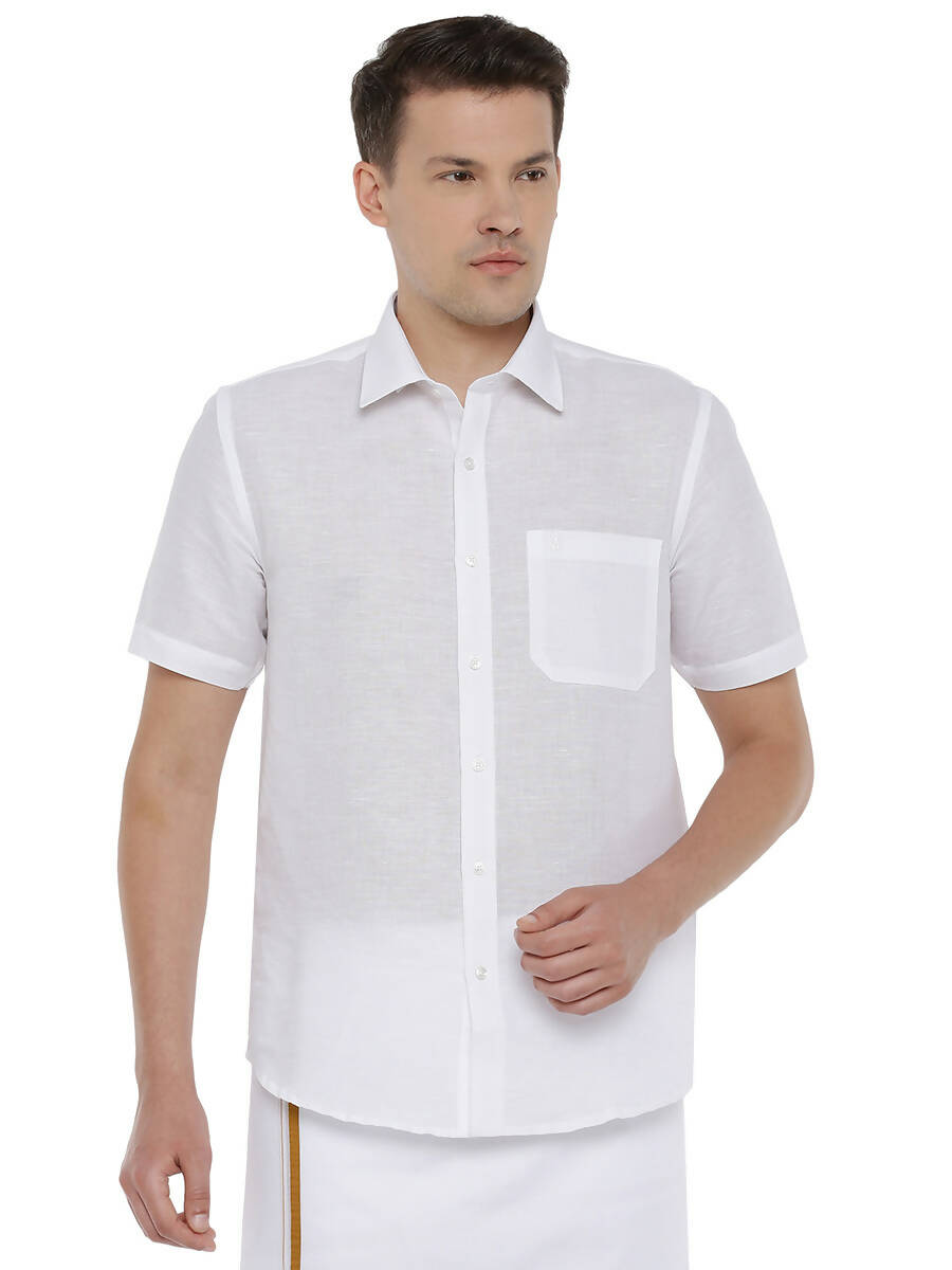 Ramraj Cotton Mens Cotton Linen Half Sleeve White Shirt | Grocsy