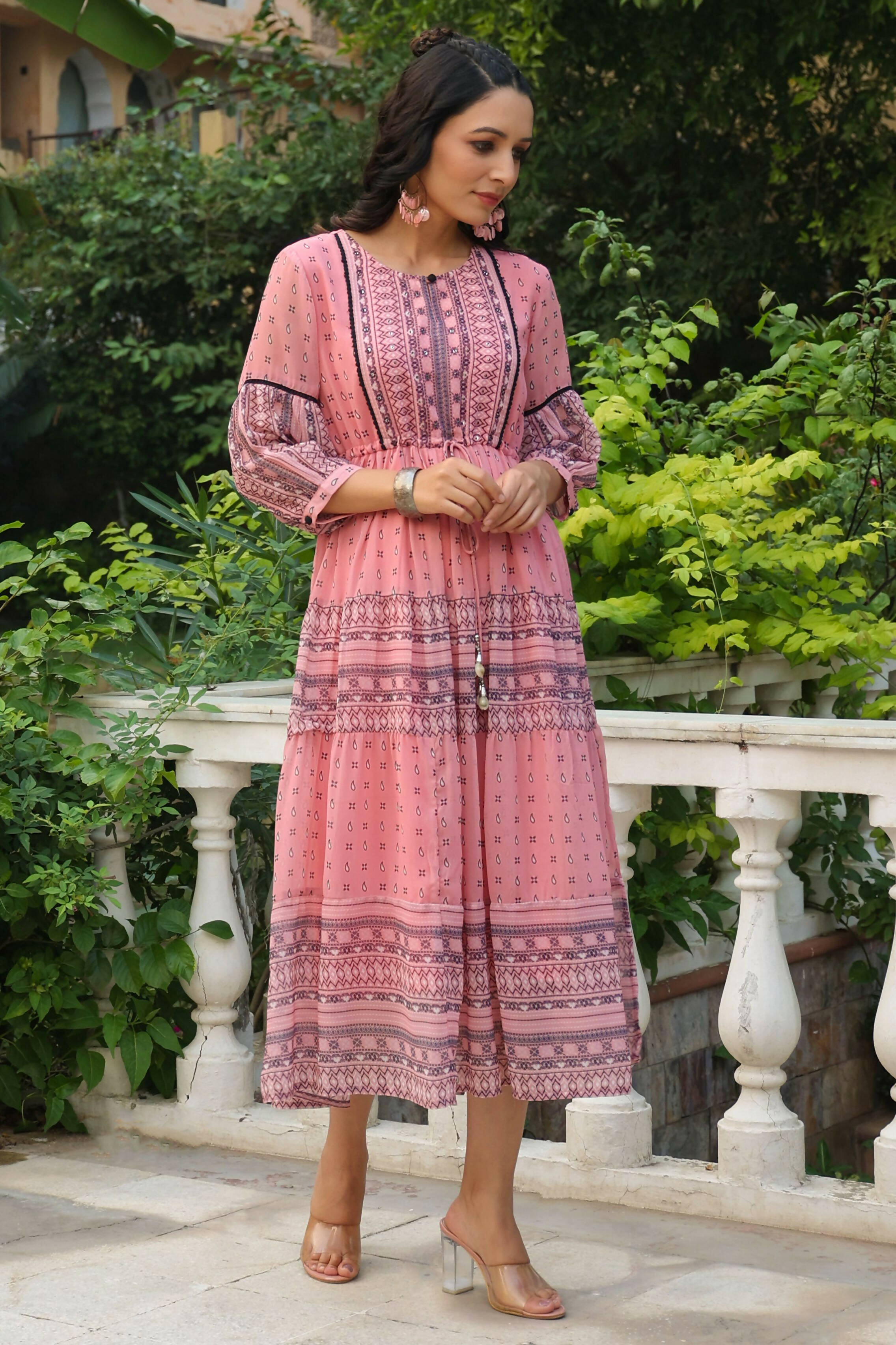 Juniper Women's Pink Printed Teired Dress | Grocsy