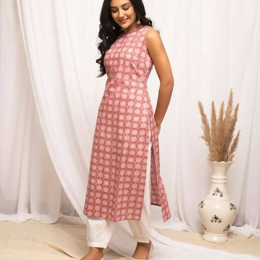 FIORRA Women's Floral Printed Pink Cotton Straight Kurta | Grocsy