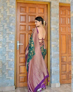 DEIANA'S Beautiful Designer Golden zari Soft Lichi Silk Saree - Teal | Grocsy