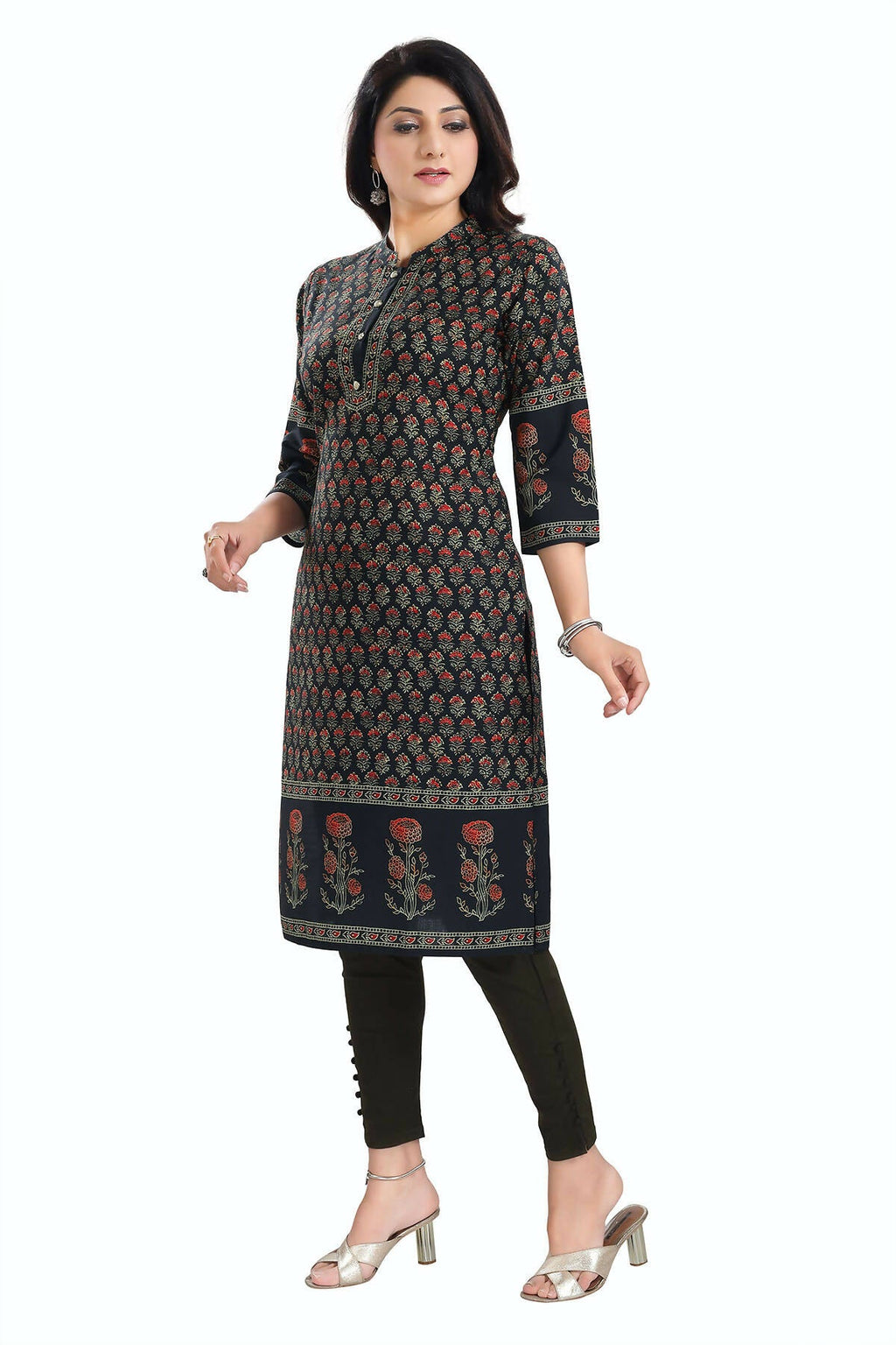 Snehal Creations Breathtaking Black Designer Digital Print Cotton Slub Fabric Long Kurti Tunic | Grocsy