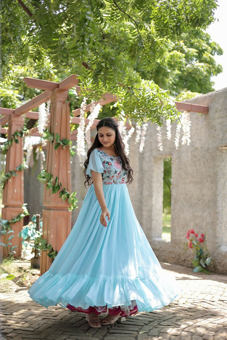 Jyoti Fashion Women's Sky Blue Sequins Thread Embroidery Faux Georgette Anarkali Dress | Grocsy