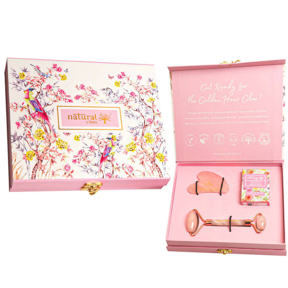 Natural Vibes Glow Getter Gift Set with Rose Quartz Face Roller, Rose Quartz Gua Sha and Nirvana Flower Oil | Grocsy