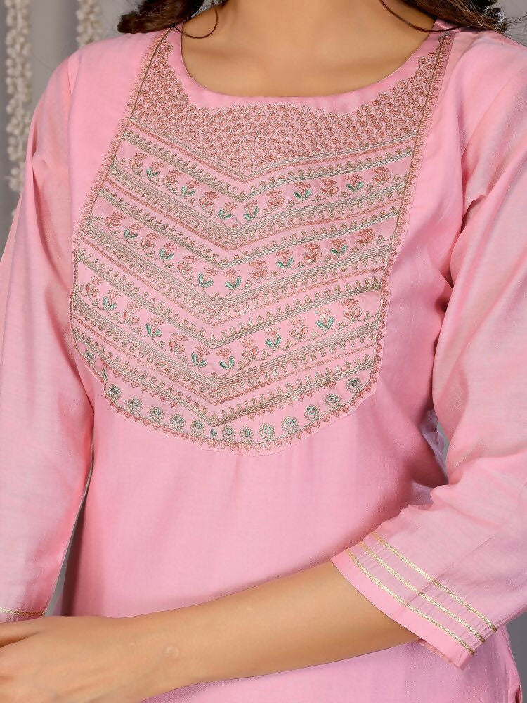Joban Fashion Women Light Pink Roman Embroidery Stitched Kurta Set | Grocsy