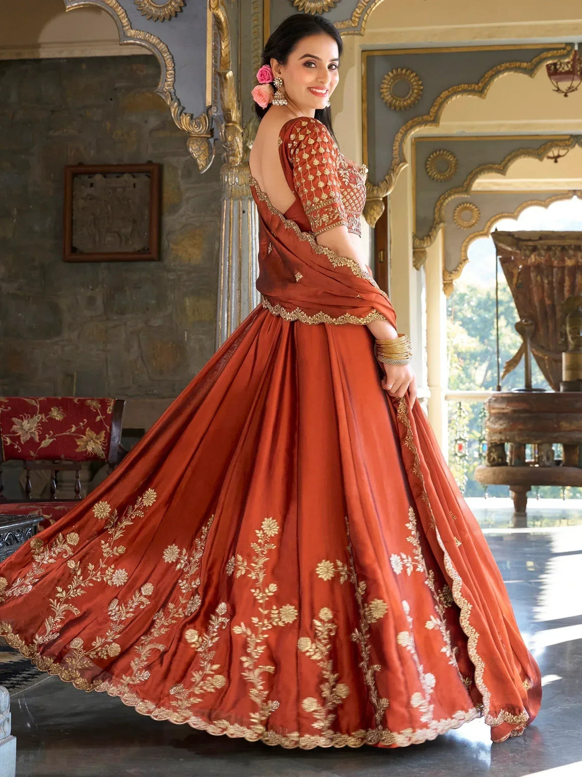 Tulsi Art Attractive Orange Thread Embroidery Silk Wedding Wear Lehenga Choli | Grocsy
