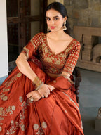 Tulsi Art Attractive Orange Thread Embroidery Silk Wedding Wear Lehenga Choli | Grocsy
