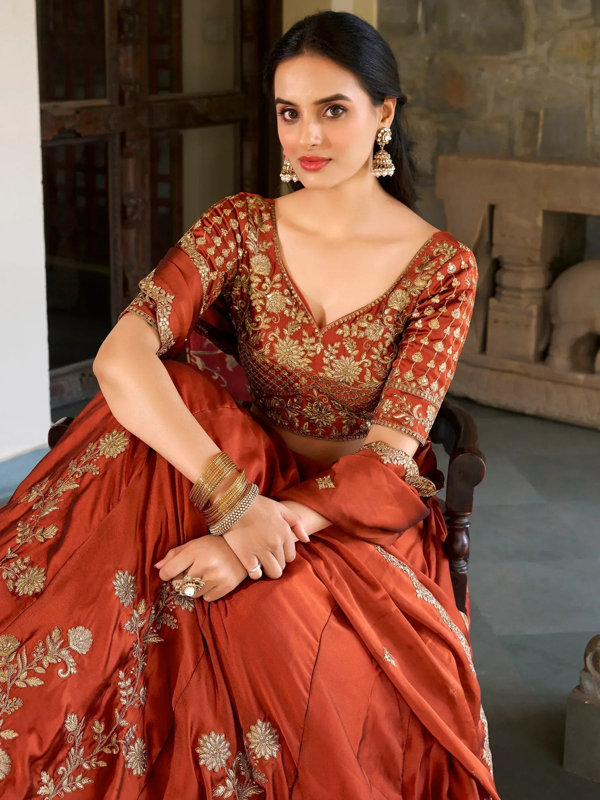 Tulsi Art Attractive Orange Thread Embroidery Silk Wedding Wear Lehenga Choli | Grocsy