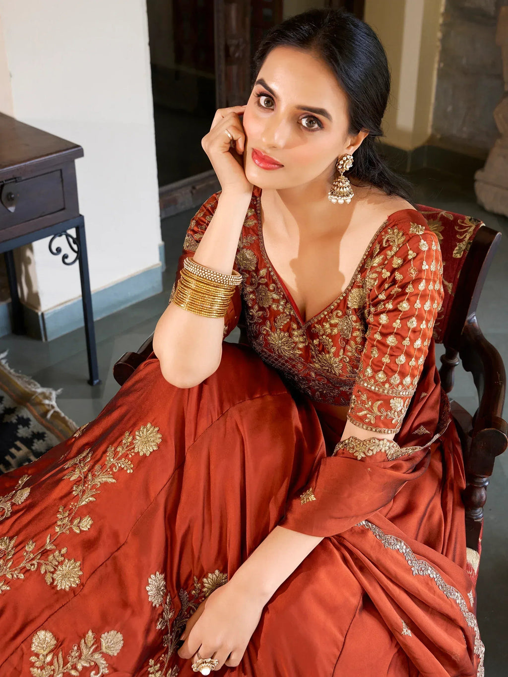 Tulsi Art Attractive Orange Thread Embroidery Silk Wedding Wear Lehenga Choli | Grocsy