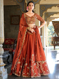 Tulsi Art Attractive Orange Thread Embroidery Silk Wedding Wear Lehenga Choli | Grocsy