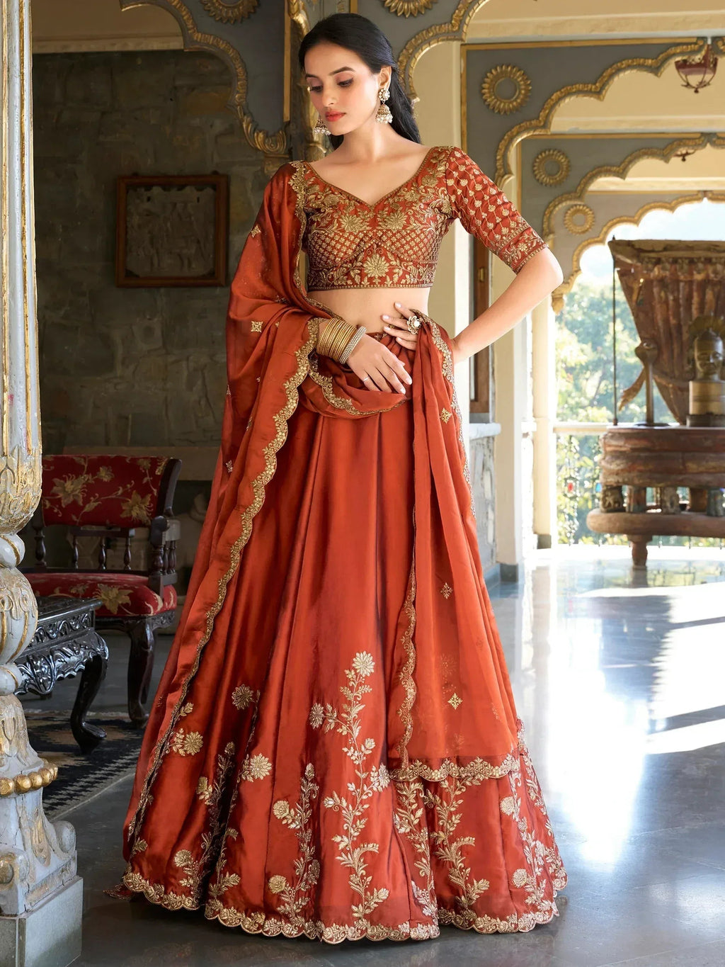 Tulsi Art Attractive Orange Thread Embroidery Silk Wedding Wear Lehenga Choli | Grocsy