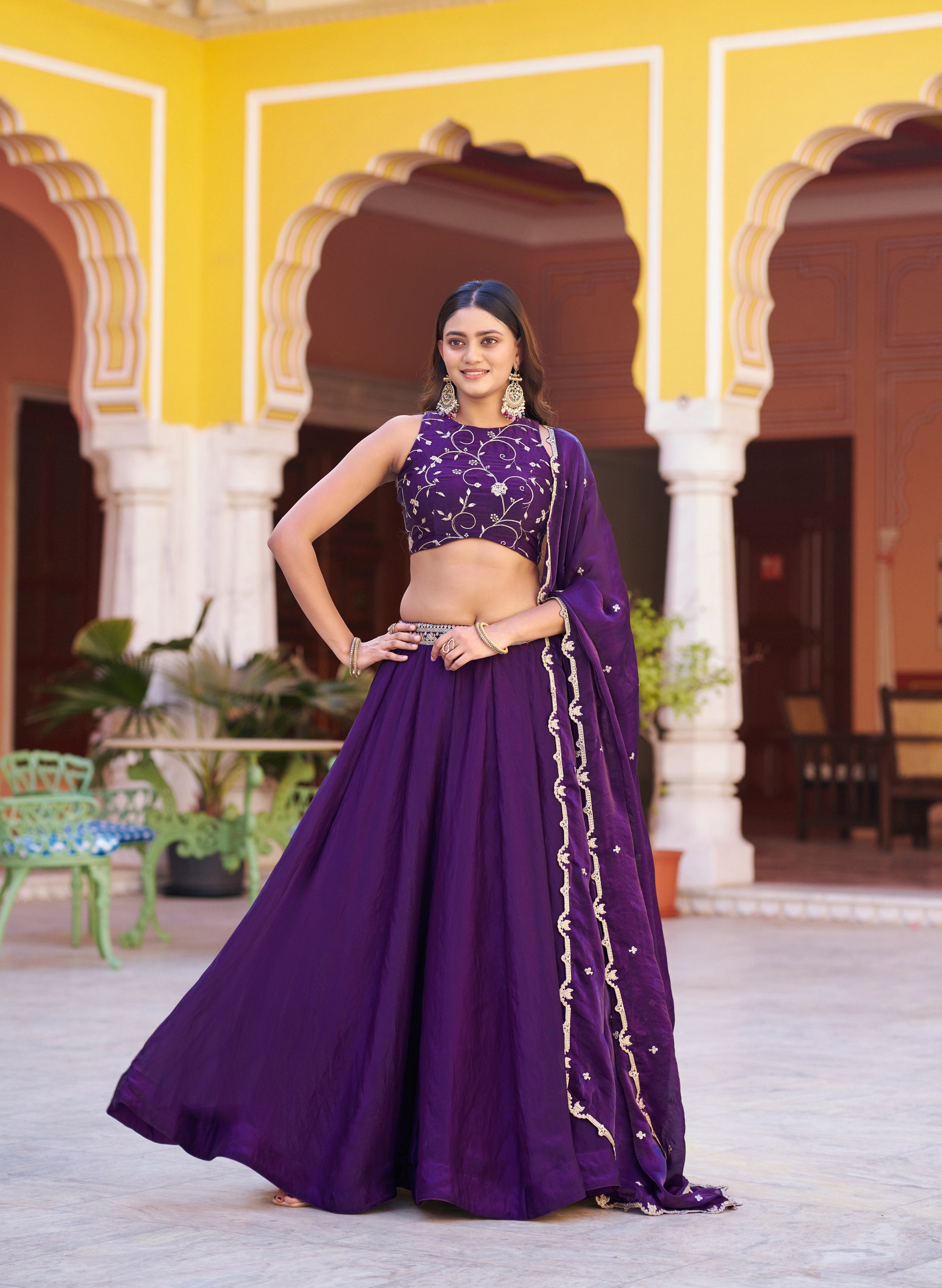 Lorenvalley Fashion Purple Fendy Satin Sequins and Thread Embroidery Work Lehenga Choli with Dupatta | Grocsy