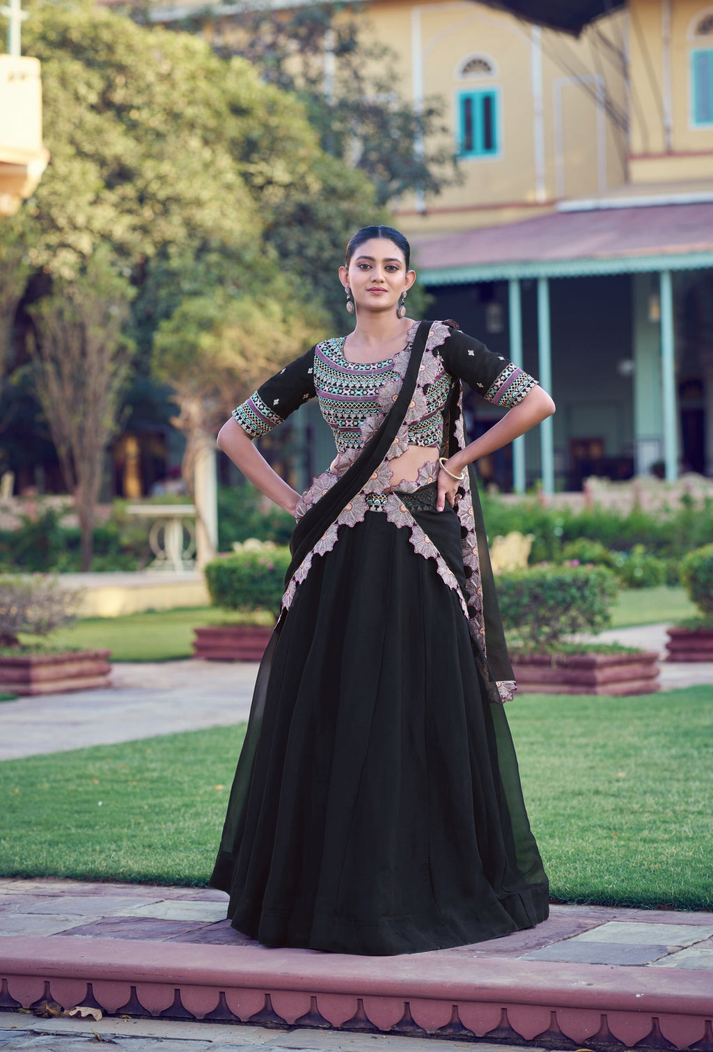 Lorenvalley Fashion Black Aurum Georgette Thread & Sequins Embroidery Work Lehenga Choli With Dupatta | Grocsy