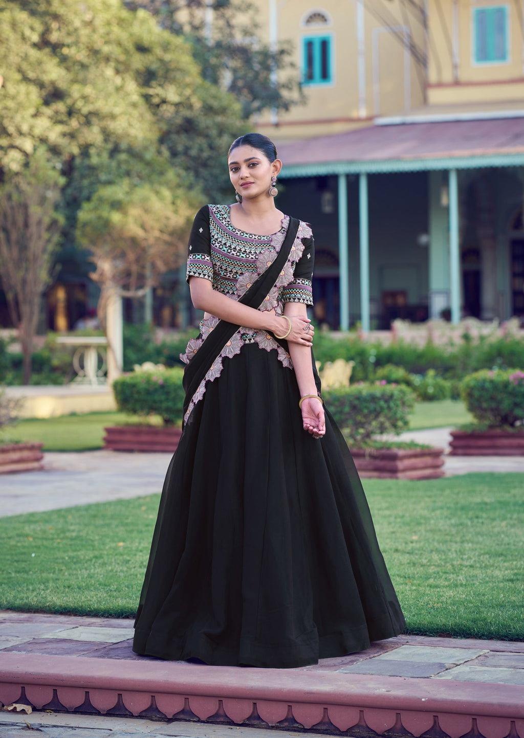 Lorenvalley Fashion Black Aurum Georgette Thread & Sequins Embroidery Work Lehenga Choli With Dupatta | Grocsy