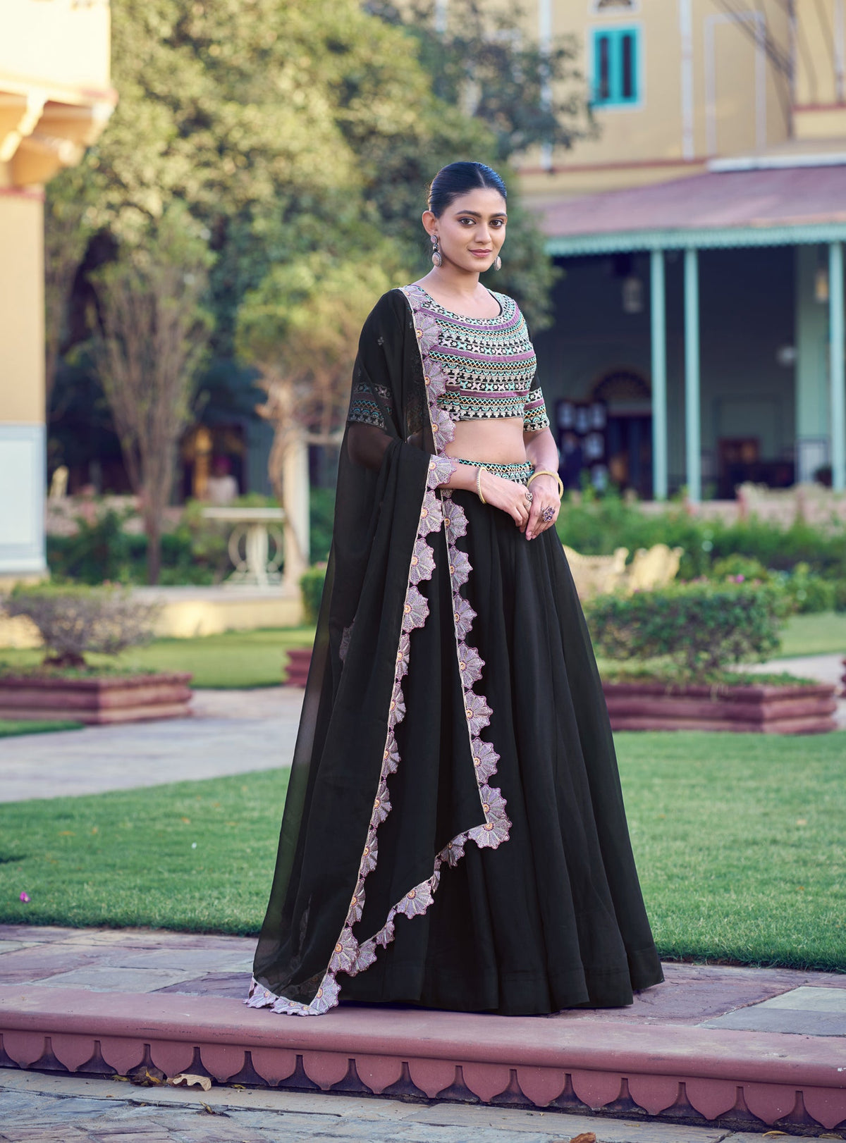 Lorenvalley Fashion Black Aurum Georgette Thread & Sequins Embroidery Work Lehenga Choli With Dupatta | Grocsy