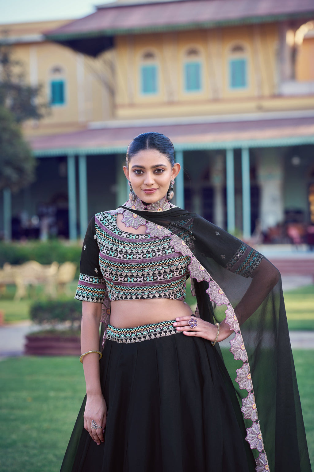 Lorenvalley Fashion Black Aurum Georgette Thread & Sequins Embroidery Work Lehenga Choli With Dupatta | Grocsy