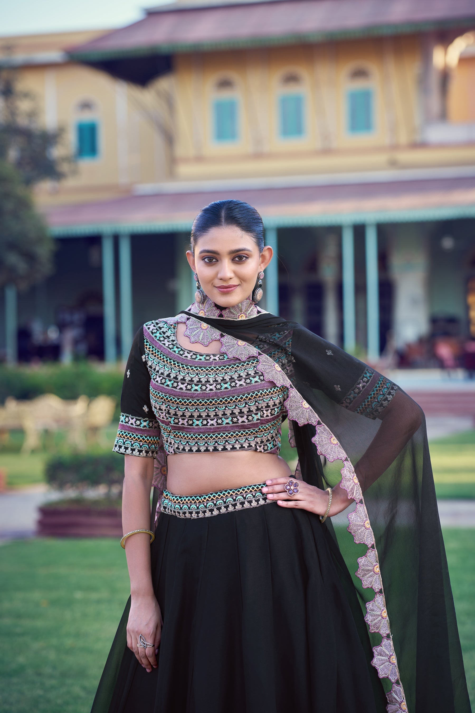 Lorenvalley Fashion Black Aurum Georgette Thread & Sequins Embroidery Work Lehenga Choli With Dupatta | Grocsy