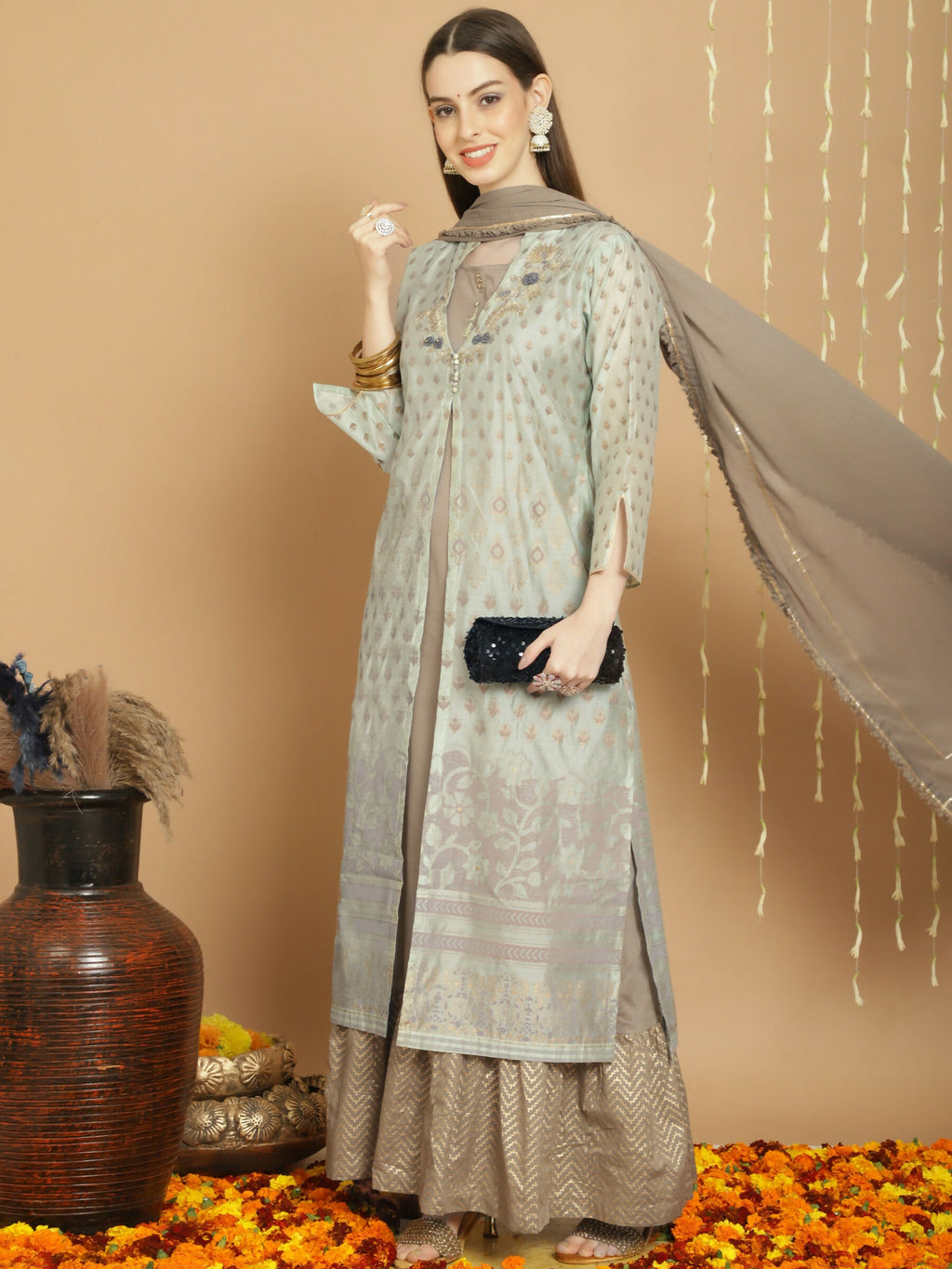 Jyoti Fashion Women's Green Chanderi Silk Elegant Jardoshi Semi Kurta with Trouser & Dupatta | Grocsy